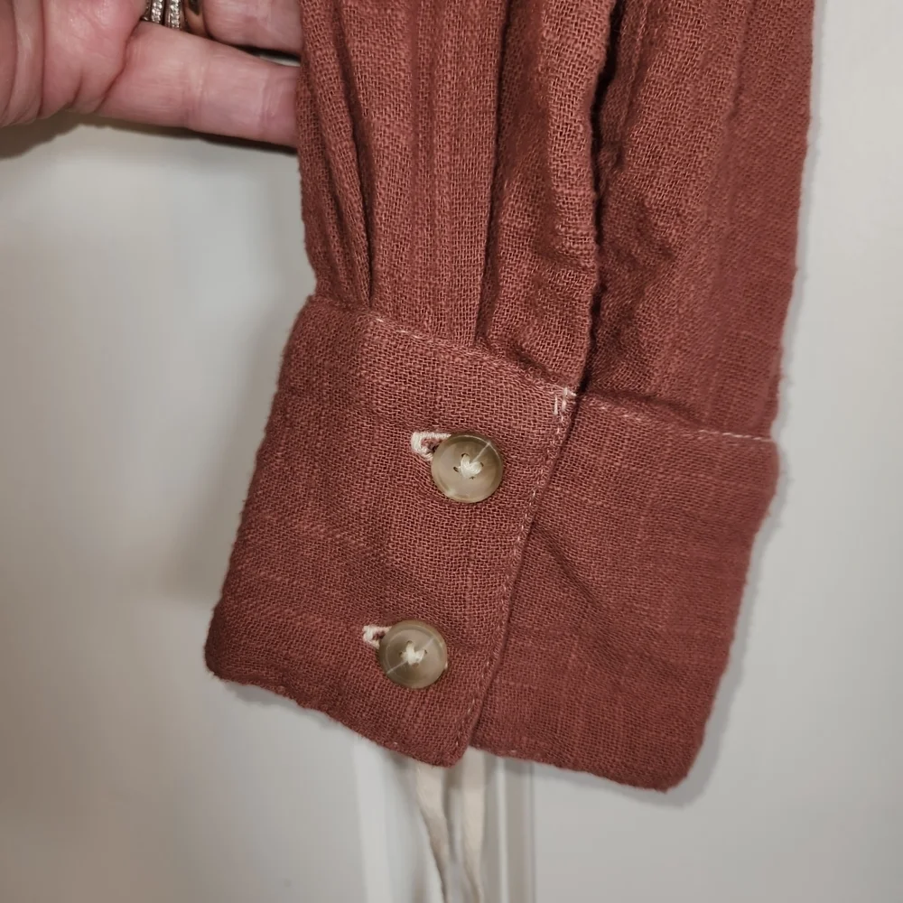 Free People Morrison Shirt Brown Button Down With Tie Cropped Back Size S Cotton